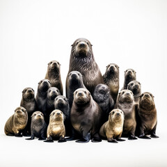 A group of seals are standing in a row, with the largest one in the middle