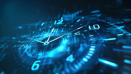 Abstract blue time background with clock and digital numbers, futuristic technology concept