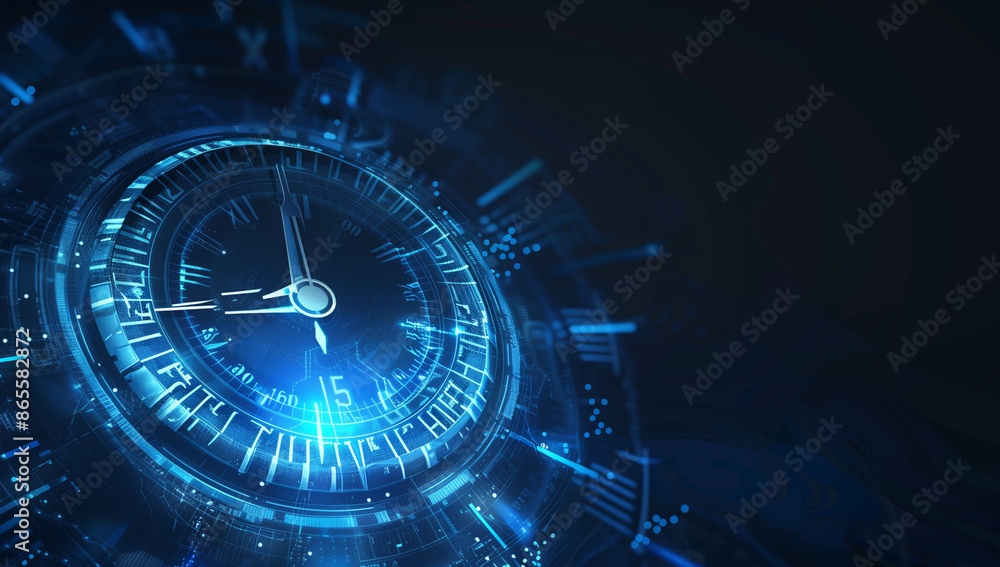Poster abstract blue time clock digital background with futuristic elements and numbers on dark background.