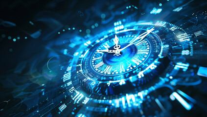 Abstract blue time background with clock and digital numbers, futuristic technology concept