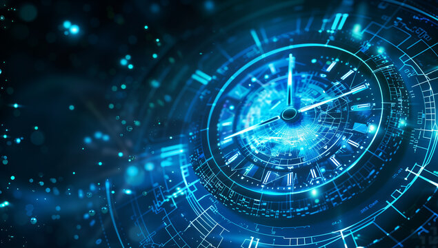 Abstract blue time clock digital background with futuristic elements and numbers on dark background.