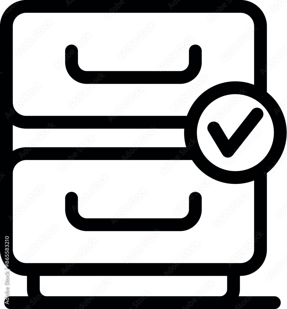 Poster simple black line art icon of an archive cabinet with a check mark, showing an approved storage conc