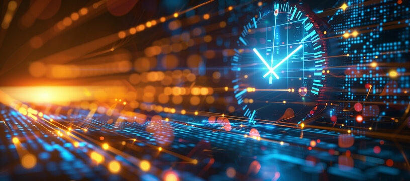 Abstract digital background with futuristic time clock and glowing lights, symbolizing speed in data technology