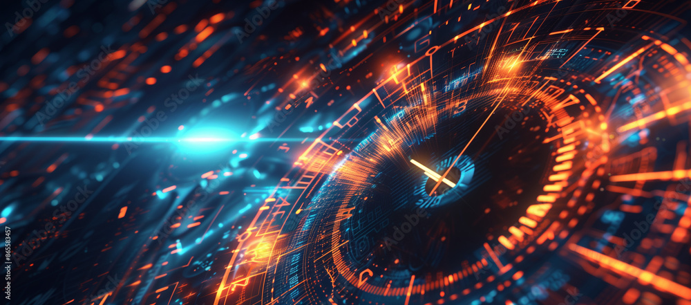 Poster abstract digital background with futuristic time clock and glowing lights, symbolizing speed in data