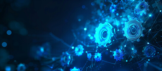 Abstract blue glowing digital gears and connections on a dark background