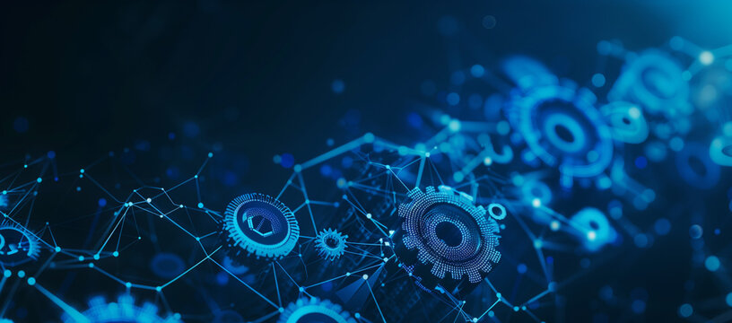 Abstract blue glowing digital gears and connections on a dark background