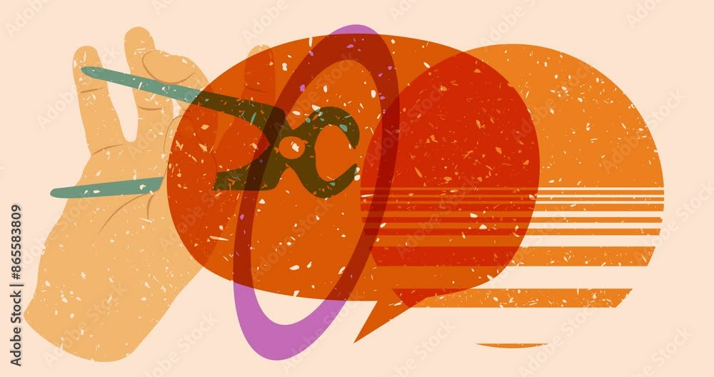Poster risograph pliers and speech bubble with geometric shapes animation. moving object in trendy riso gra
