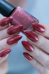 Female hands with long nails and dark red nail polish