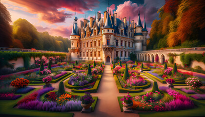 Obraz premium A royal castle garden features manicured lawns, vibrant flowerbeds, and elegant fountains, creating a majestic and serene outdoor space that exudes historical charm and natural beauty.
