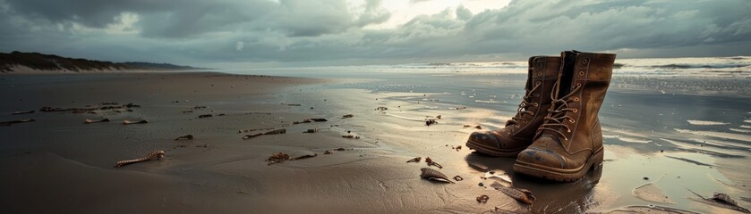 Naklejka premium Vintage military boots on normandy beach
