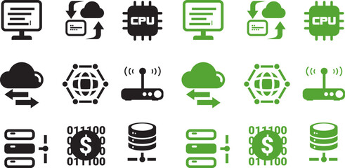 IT Analytics Black and Green Flat Icons Set