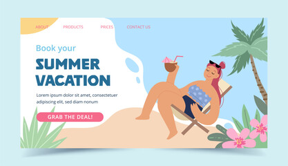 Summer vacation landing page. Happy woman on a chaise long with a cocktail, vector illustration