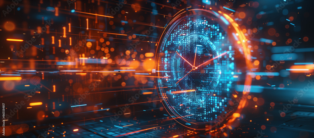 Poster abstract futuristic speed time background with digital clock and data flow hologram, cyber technolog
