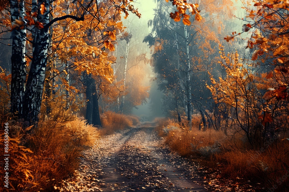 Poster misty autumn path through the golden birch forest