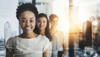 Double exposure, city and people at office in line on portrait with smile for teamwork and...