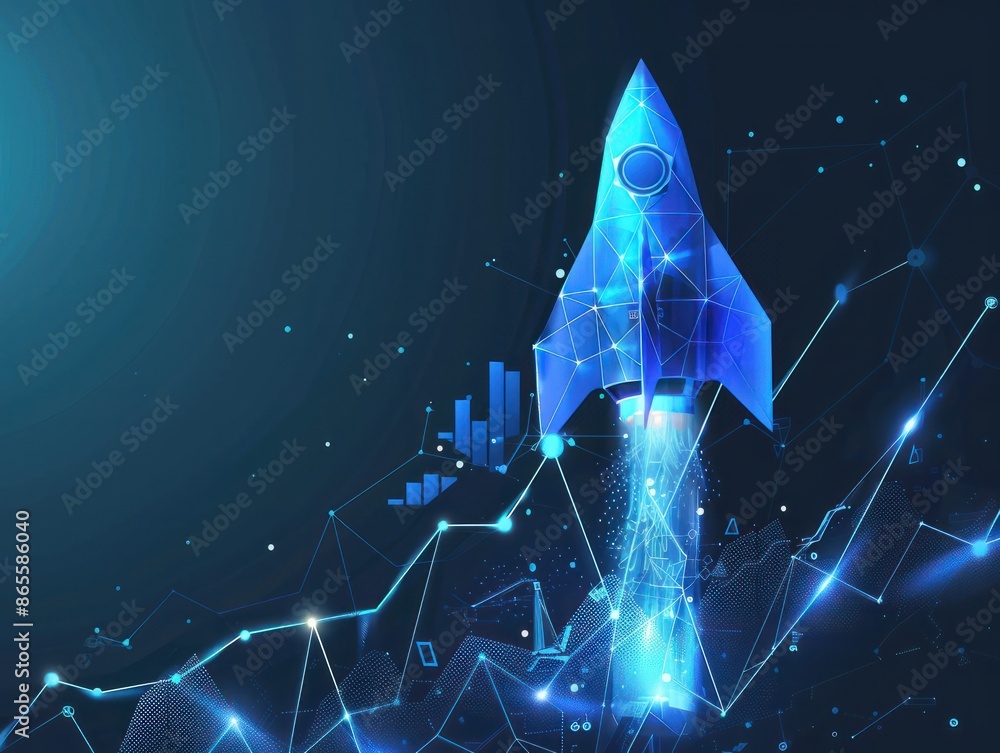 Poster abstract growth graph chart with launch rocket on technology blue background. startup and success bu