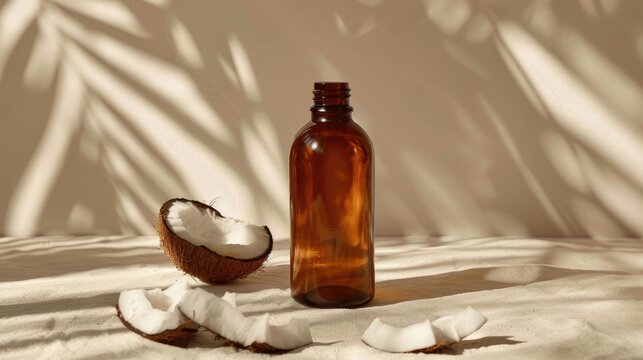 Cosmetic product in brown bottle on beige background with coconut shell