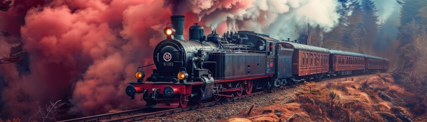 Naklejka premium Vintage steam powered railway train in red smoke