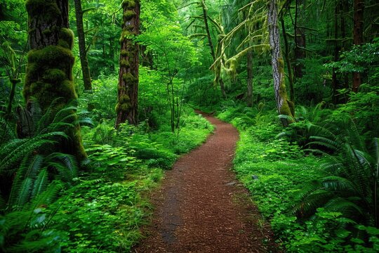Hiking Trail in Lush Forest with Pacific Northwest Greens. Nature Landscape with Trees and Green Wood Path
