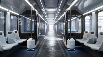 Fototapeta premium A modern train interior with white seats, an aisle, and windows looking out on the city.