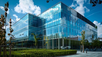 Modern Glass Building with Lush Greenery