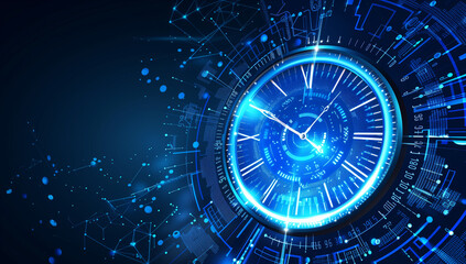 Blue time clock digital technology background vector presentation design