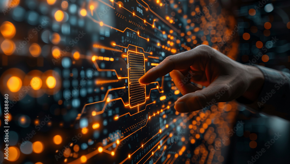 Poster businessman touching an ai icon in the style of hologram technology and circuit board on a dark back