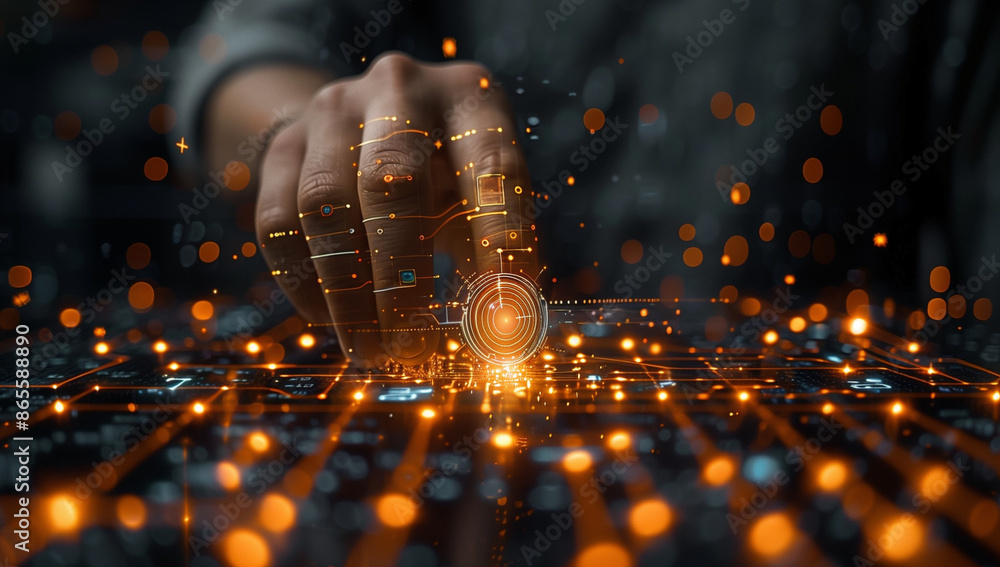 Poster businessman touching an ai icon in the style of hologram technology and circuit board on a dark back