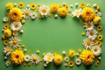 Fototapeta premium A frame made of yellow and white flowers on a green background