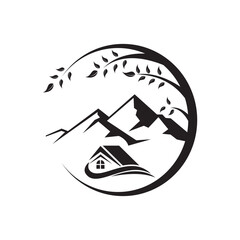 logo of mountains, trees, houses and rivers