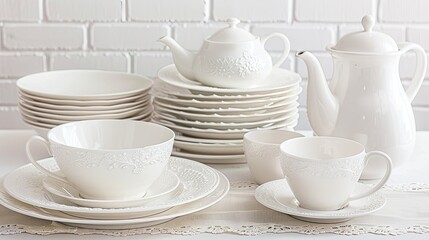 Fototapeta premium A set of white porcelain dinnerware, including plates, cups, saucers, a teapot, and a sugar bowl, arranged on a white table in front of a white brick wall