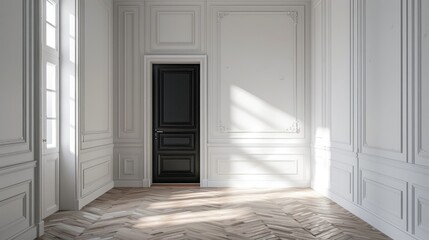 Renovated room with white walls and black door vacant