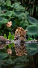 Obraz premium A Leopard looks intently at its reflection in a puddle of water in a lush green environment