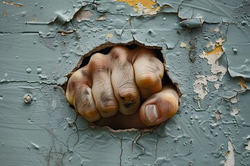 Hand Breaking Through a Cracked, Peeling Wall