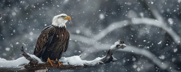 Eagle perched on a snowy branch during winter snowfall, wildlife nature scene