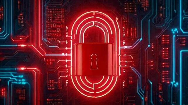 Red neon lock symbol on electonic digital circuit board. Concept of the spread of security and data protection, cyber security, technology, digital security and IT infrastructure. AI