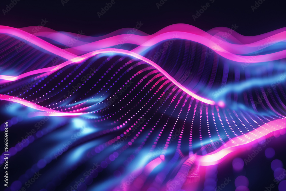 Poster 3d render, abstract neon waves on a black background. digital art design with glowing wavy lines in 