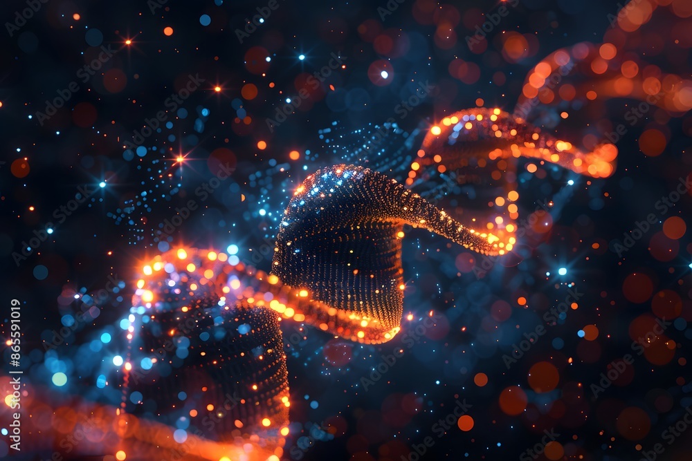 Poster glowing dna helix with sparkling particles in a dark background