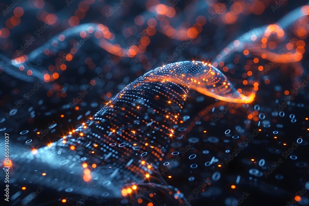 Poster abstract digital waveform with glowing particles and binary code