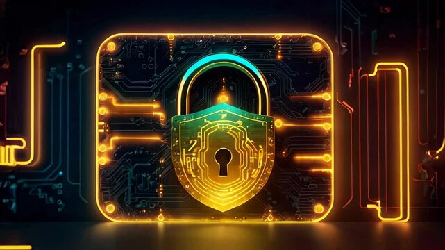 Golden neon lock symbol on electonic digital circuit board. Concept of the spread of security and data protection, cyber security, technology, digital security and IT infrastructure. AI