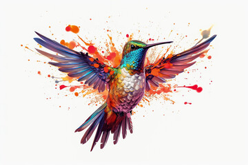 A colorful hummingbird is flying in the air with its wings spread wide.