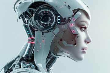 A beautiful female robot with robotic parts on her face and neck, looking to the side in profile view against a white background