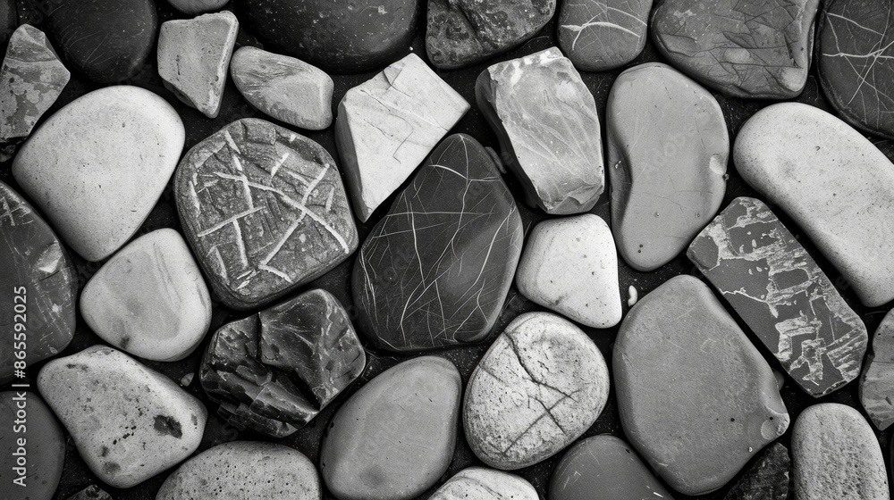 Poster a of tiny rocks with different textures arranged in a geometric pattern creating an intriguing visua