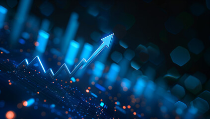 A blue arrow pointing upwards on an upward graph of stock market or growth chart, representing the concept of rising Phil.M Alvarez style.