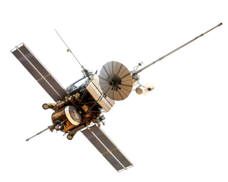 Satellite orbiting Earth, capturing data from space isolated on white background