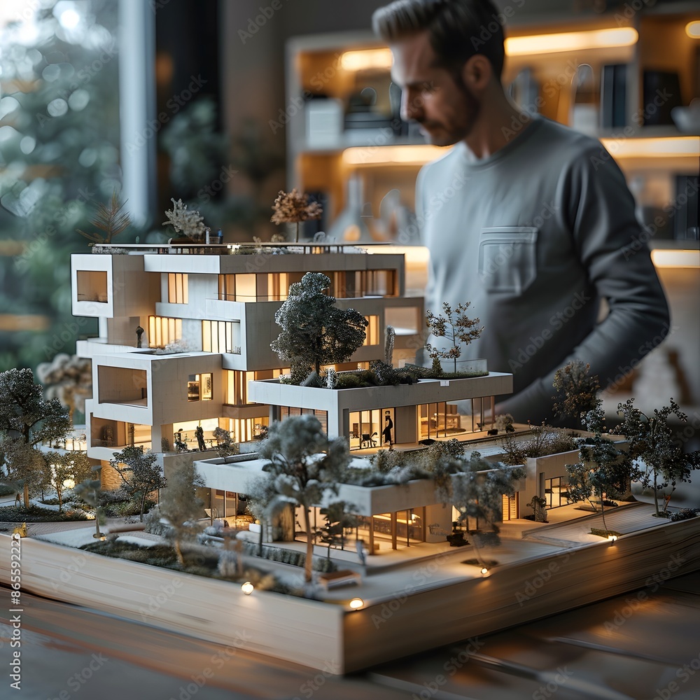 Poster architect examining a detailed scale model of a modern building