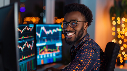 Obraz premium Individual smiling at a computer screen displaying rising stock prices, dynamic graphs and charts, upper third copy space