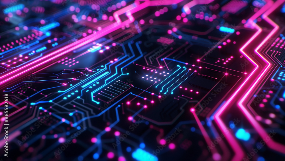 Poster a close up of an intricate circuit board with neon lights, representing the complexity and technolog