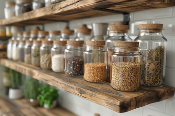 Wooden kitchen shelves with glass jars of dry food and dried plants, natural light from window, eco-friendly zero waste home interior concept. 
