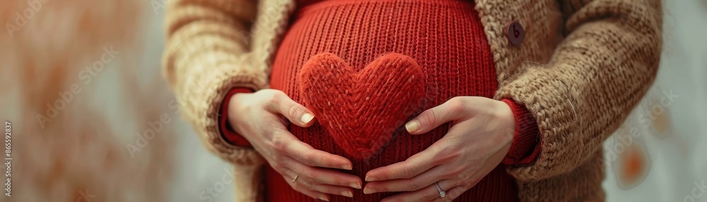 Wall mural A pregnant woman wearing a red sweater with a heart on her stomach. Concept of warmth and love, as the heart symbolizes the love and care that the woman is receiving during her pregnancy